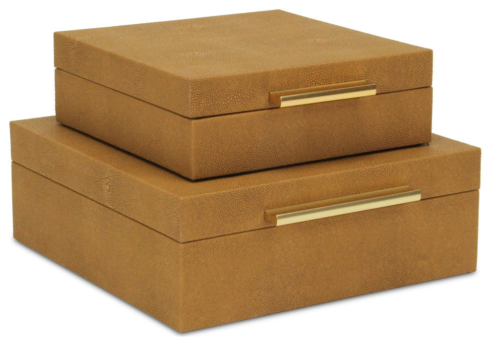 Lusan Square Decorative Box Set, Camel Brown Faux Shagreen