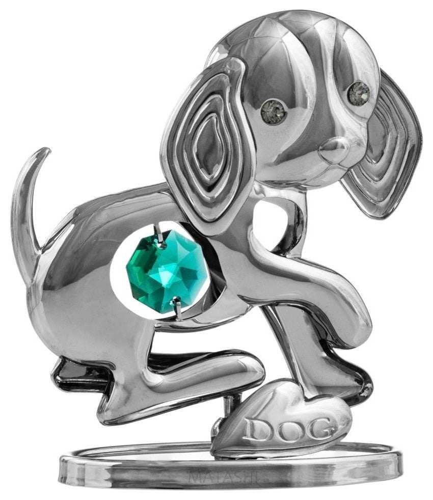 2018 Year of the Dog Matashi ChromePlated Silver Puppy Ornament w/ Green Crystal