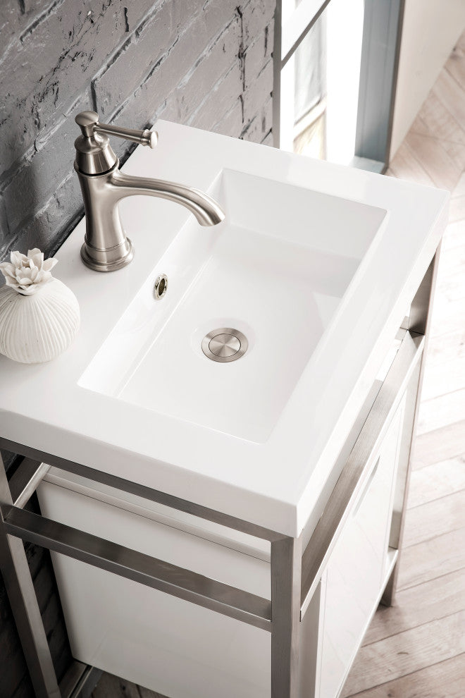 Boston 20" Sink Console, Brushed Nickel, Gloss White, White Gloss Top