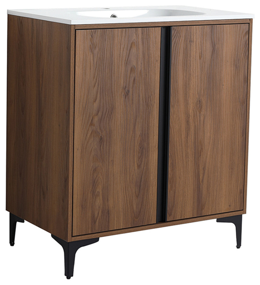 Single Vanity, Brown Walnut Finish With Solid Surface Resin White Sink, 30"