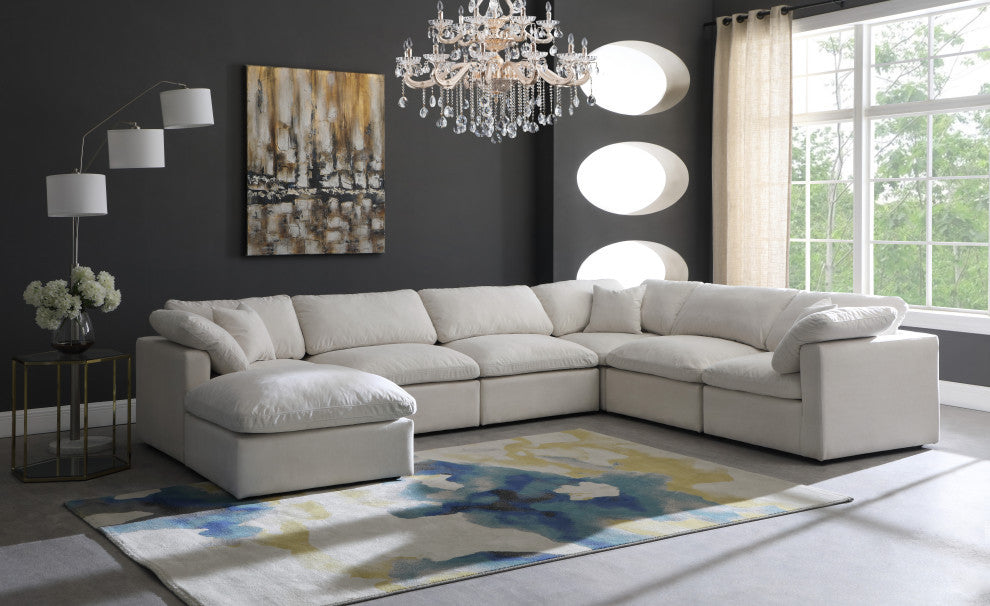 Plush Velvet / Down Standard Comfort 7-Piece U-Shaped Modular Sectional, Cream