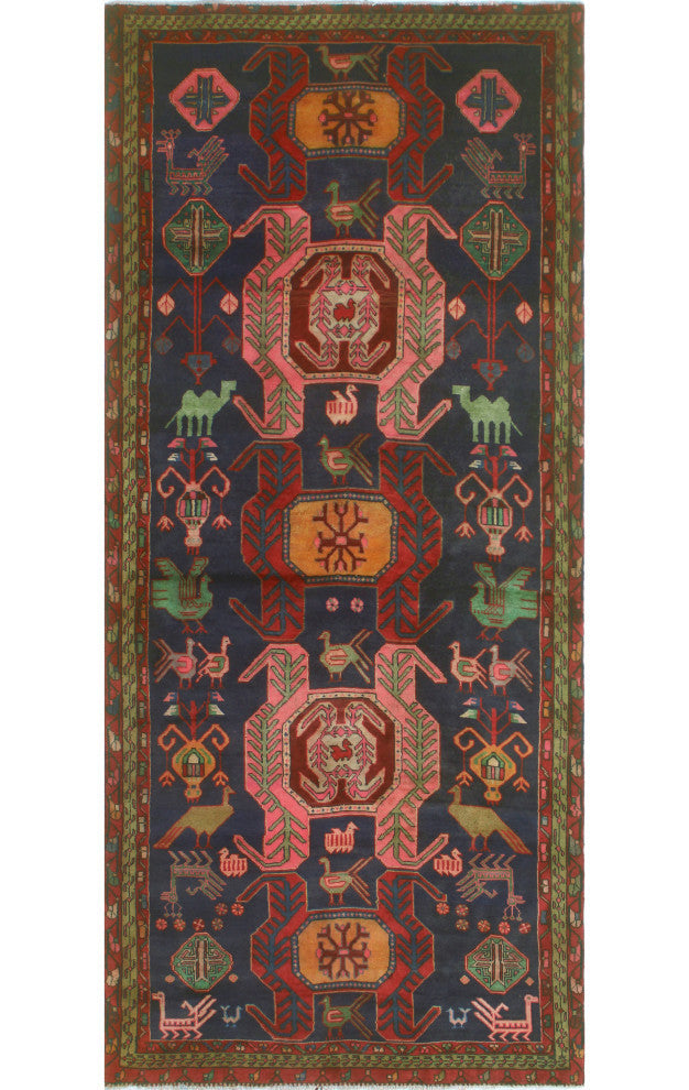 Fine Vintage Distressed Fardad Navy/Burgundy Runner, 4'2x9'11