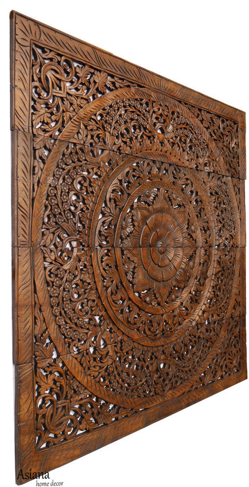 Tropical Floral Wood Carved Wall Panel. Unique Asian Home Decor, Dark Brown