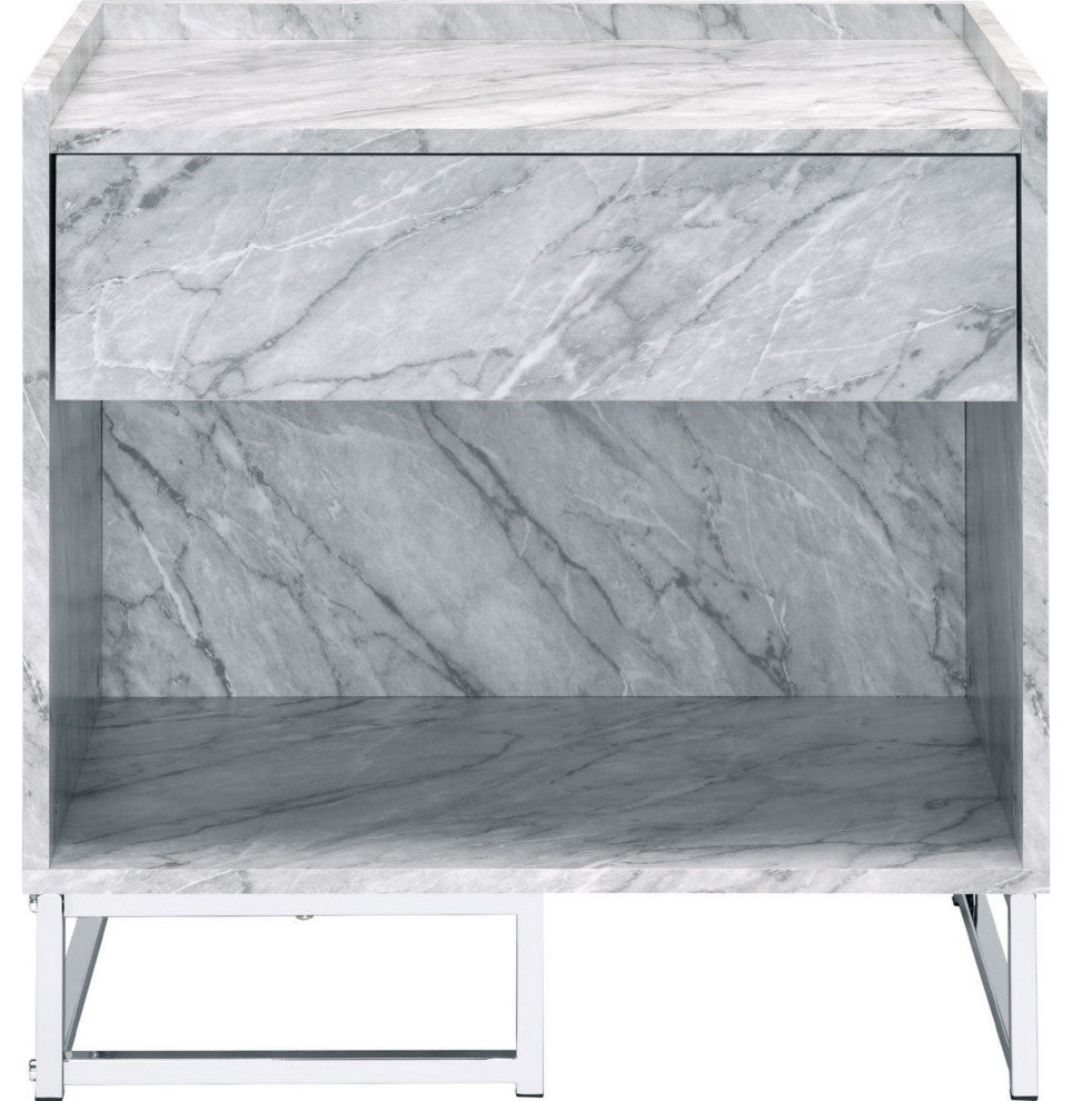 Benzara BM250334 Faux Marble Accent Table With Chrome Finish, White