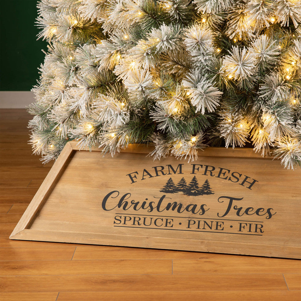 Trapezoid "Farm Fresh" Wooden Christmas Tree Collar, Natural Wood, 40"x40"