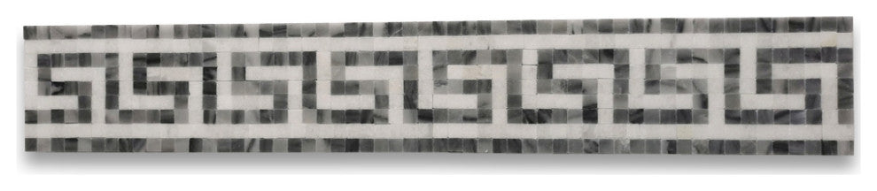 Greek Key Thassos White Bardiglio Gray Marble Mosaic Border Tile, 1 piece