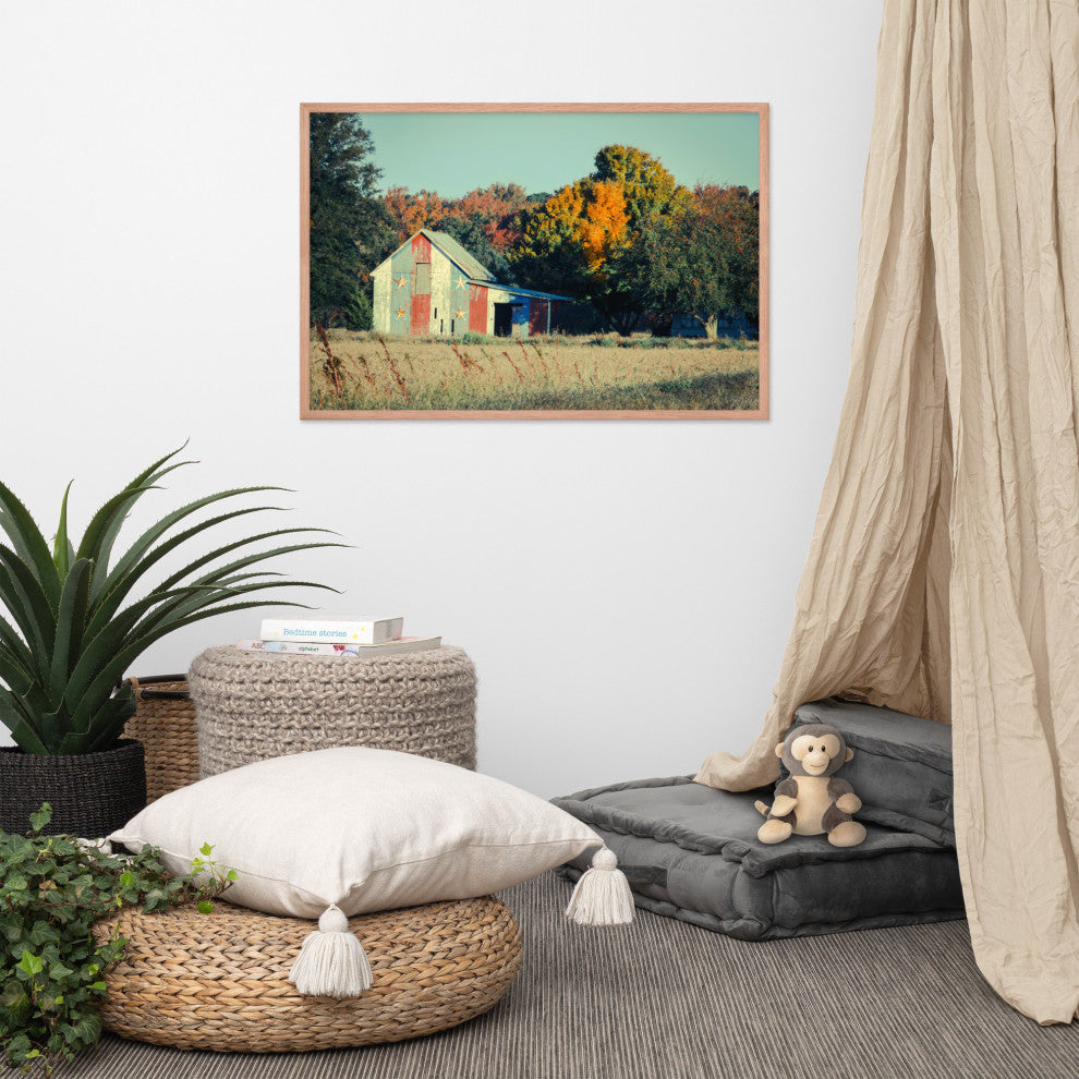 Patriotic Weathered Barn in Field Cross Processed Framed Photo Wall Art Prints, Red Oak, 24" X 36"