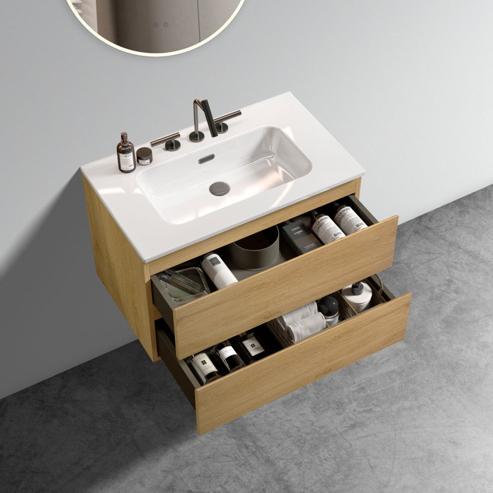 Wall-Mounted Bathroom Vanity Set with Ceramic Sink with three faucet holes, Oak, 30"
