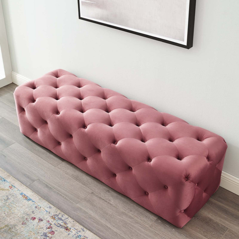 Tufted Accent Chair Bench, Velvet, Pink, Modern, Living Lounge Hotel Hospitality