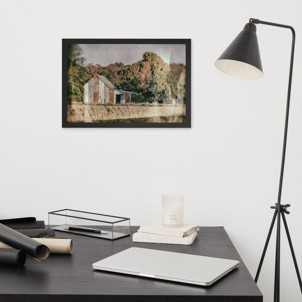 Patriotic Weathered Barn in Field Glass Plate Framed Photo Paper Wall Art Prints, Black, 12" X 18"