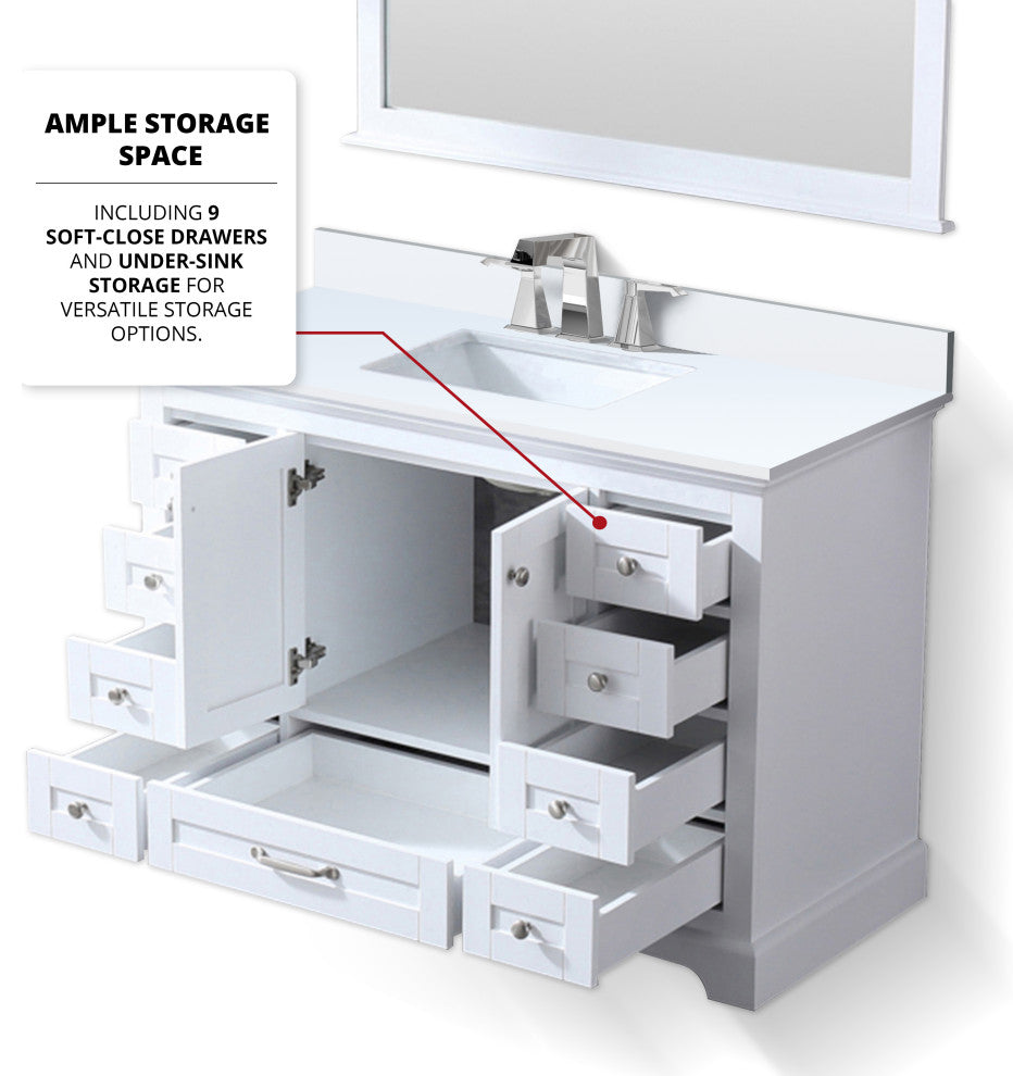 Dukes 48" White Single Square Sink Vanity with Quartz Top, With Mirror and Fauce