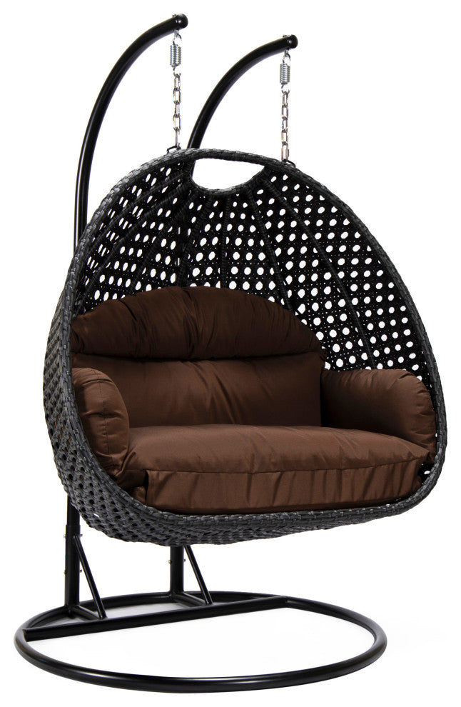 LeisureMod Mendoza Charcoal Wicker Hanging Double Egg Swing Chair, Brown