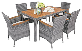 Costway 7PCS Patio Rattan Dining Set Acacia Wood Table Cushioned Chair Mix Gray