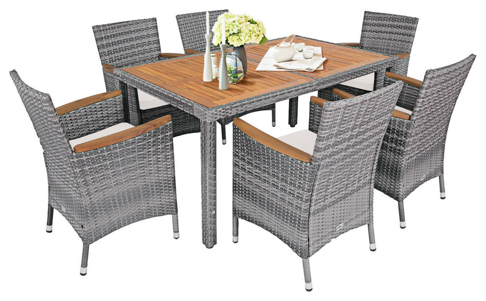 Costway 7PCS Patio Rattan Dining Set Acacia Wood Table Cushioned Chair Mix Gray