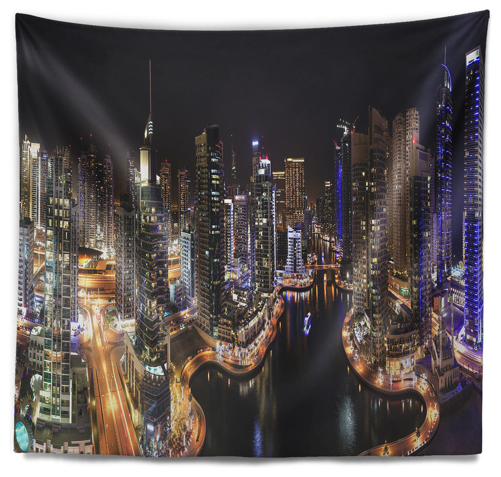 Dubai Marina View at Night Cityscape Wall Tapestry, 60"x50"
