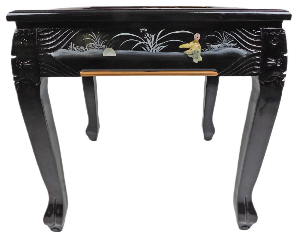 Dragon Leg Oriental End Table Inlaid Pearl, Black Lacquer