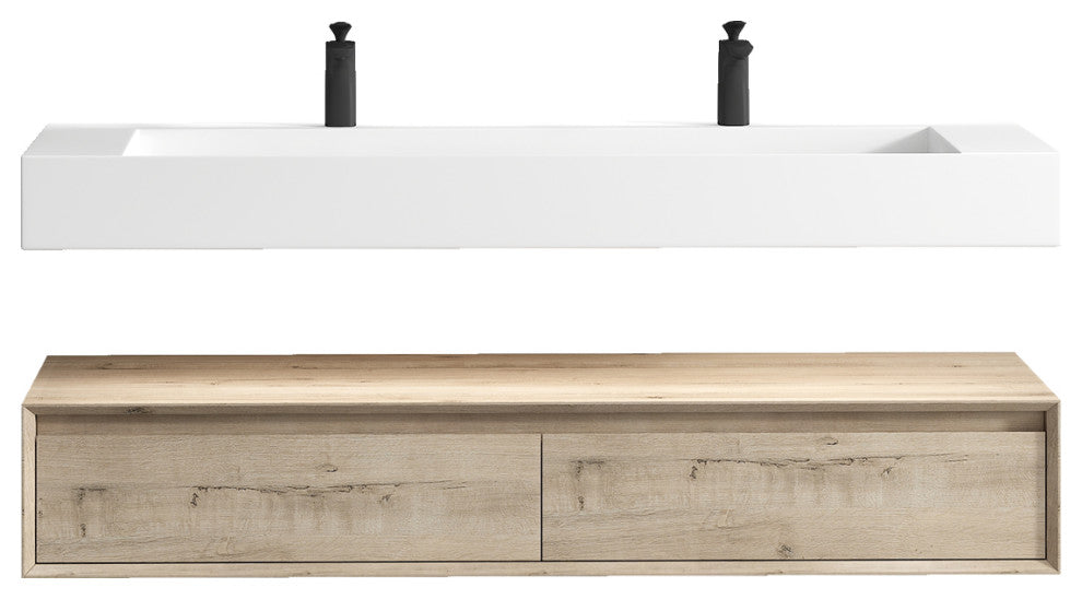 Alysa 60" Floating Bath Vanity, Acrylic Sink/Double Faucet Hole, Light Oak