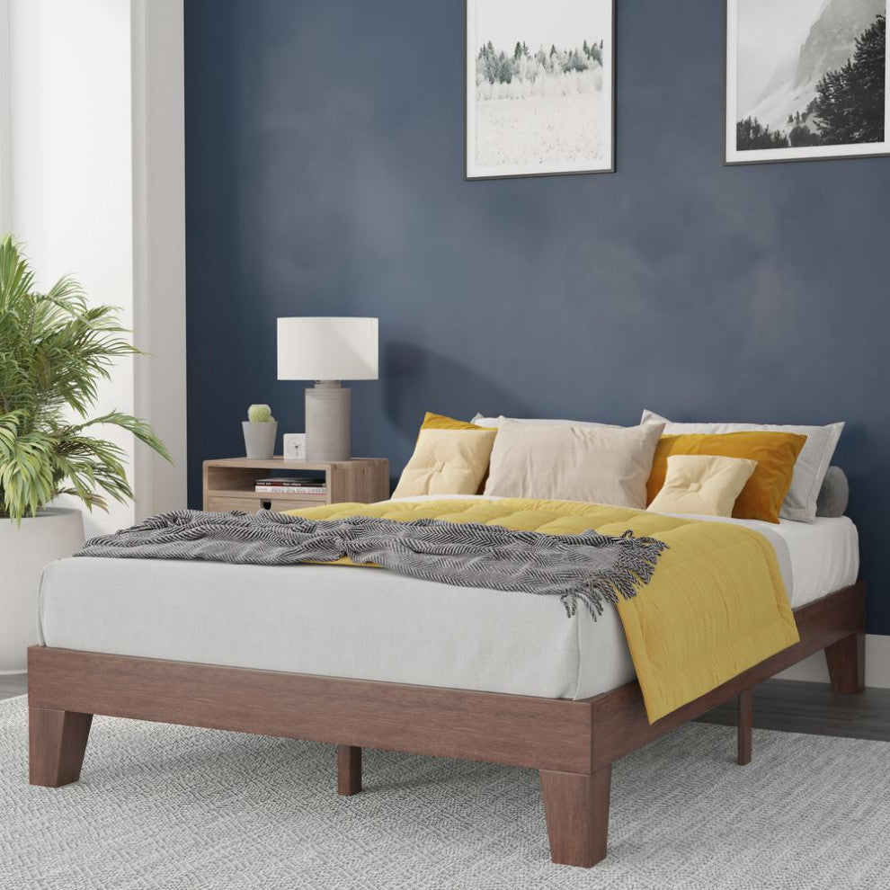 Evelyn Wood Platform Bed with Wooden Support Slats, No Box Spring Required, Walnut, Full