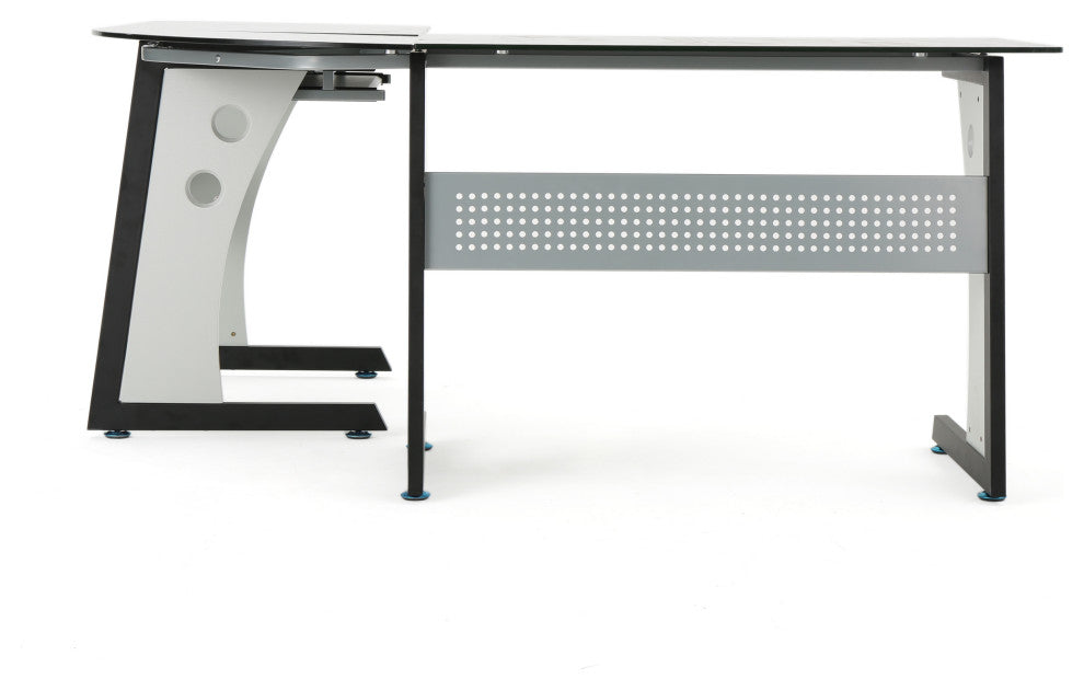 GDF Studio Orion L Shaped Office Desk with Tempered Glass Top