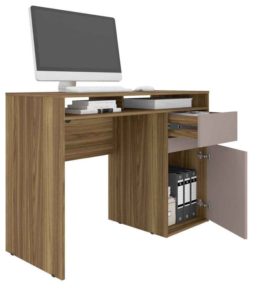 Techni Mobili Home Office Workstation With Storage, Gray, Walnut