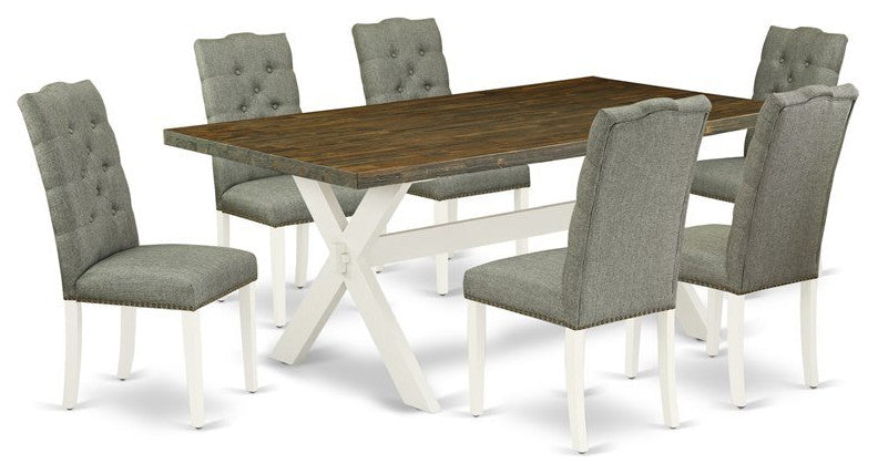 X077El207-7, 7-Piece Dinette Room Set, 6 Chairs, Table Top and Wooden Cross Legs