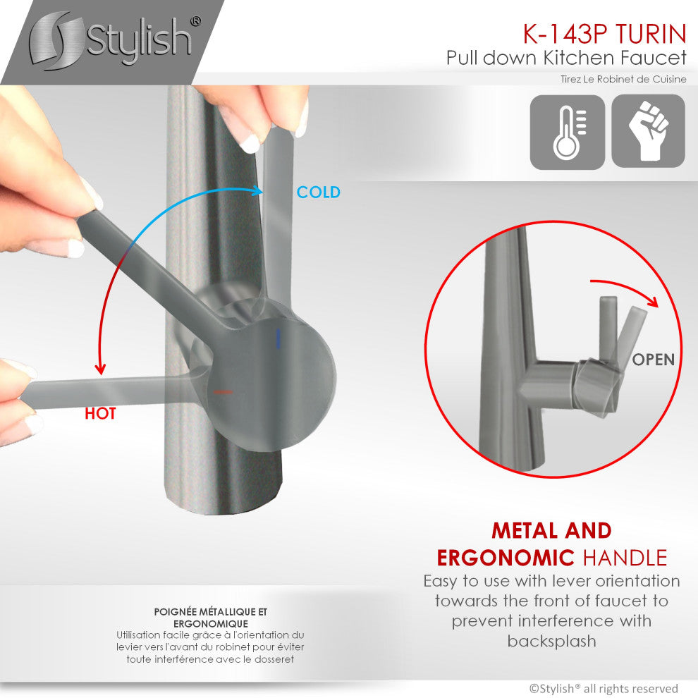 STYLISH Modern Single Handle  Pull Down Sprayer Kitchen Faucet in Gunmetal