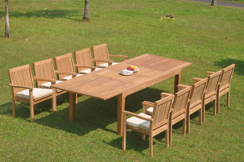 11-Piece Outdoor Teak Dining Set 122" Rectangle Table, 10 Lev Stacking Arm Chair