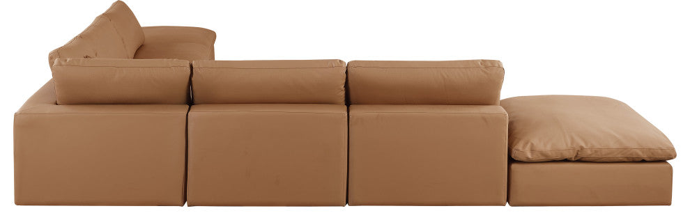 Comfy Upholstered L-Shaped Modular Sectional, Cognac, 7-Piece: 4 Armless Chair, 1 Corner Chair, 2 Ottoman, Vegan Leather