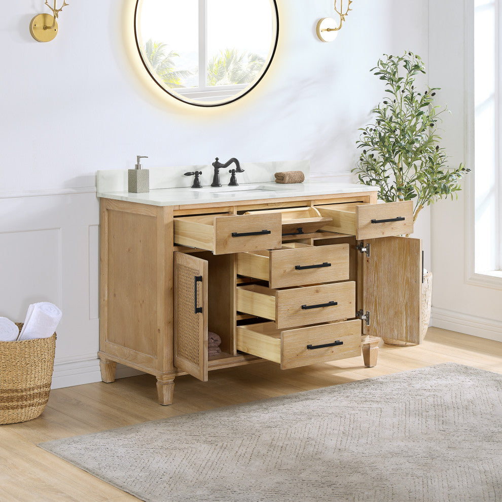 Solana Bathroom Vanity with Calacatta White Quartz Stone Countertop, Weathered Fir, 48", Without Mirror