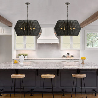 Matte Black 6-Light Natural Handwoven Rattan Pendant Light