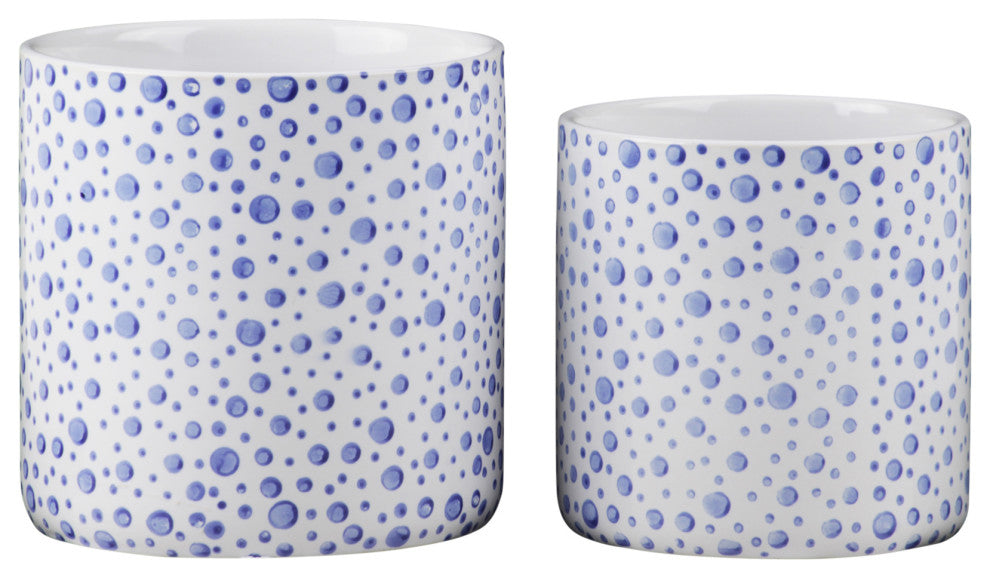 Round Ceramic Pot With Blue Spotted Design, Gloss White, Set of 2