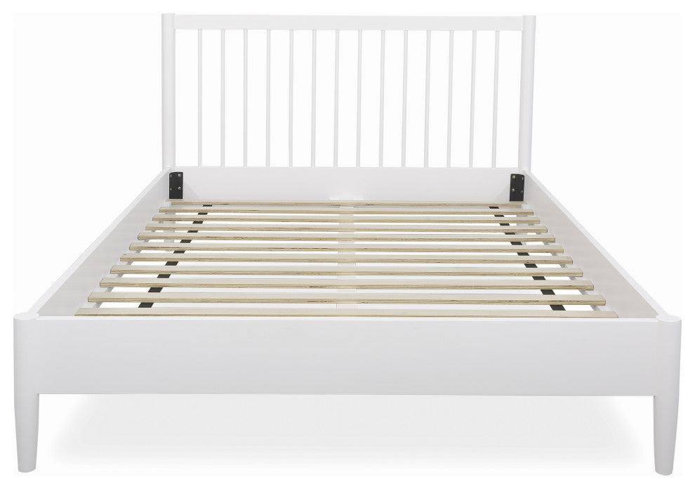 Modern Slatted Wood Headboard Platform Bed, White, Queen