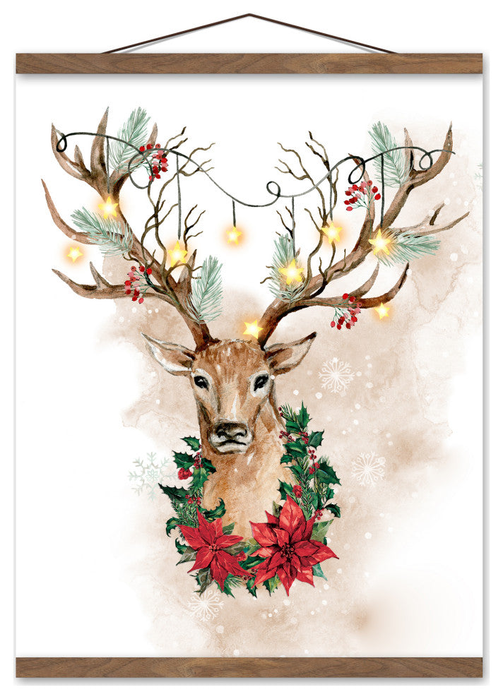 Watercolor Holiday Deer 16x20 Teak Hanging Canvas
