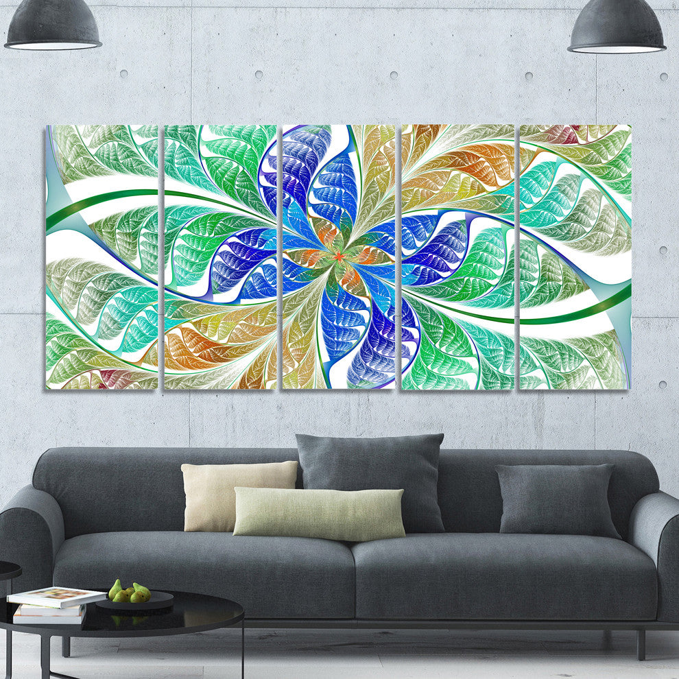 Light Blue Fractal Stained Glass, Abstract Canvas Art Print, 60"x28", 5 Panels