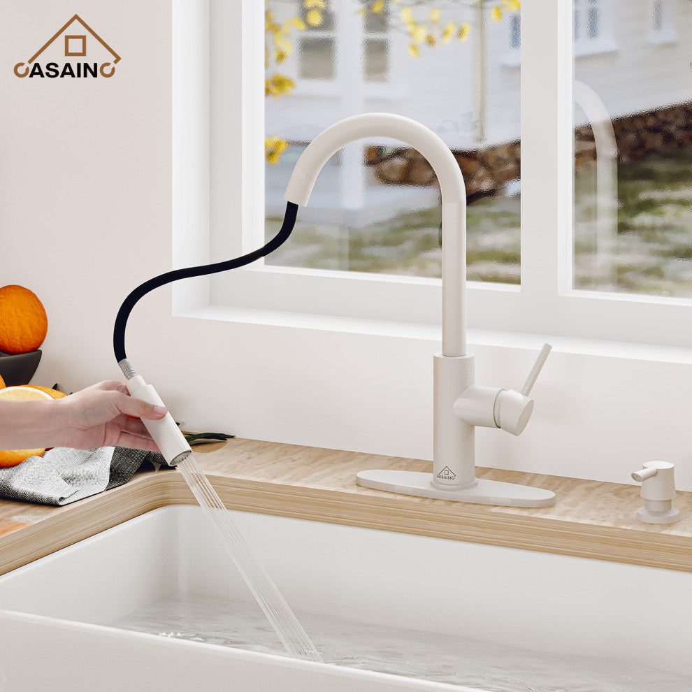 Touchless Pull Down Single Handle Kitchen Faucet With LED Function, Matte White