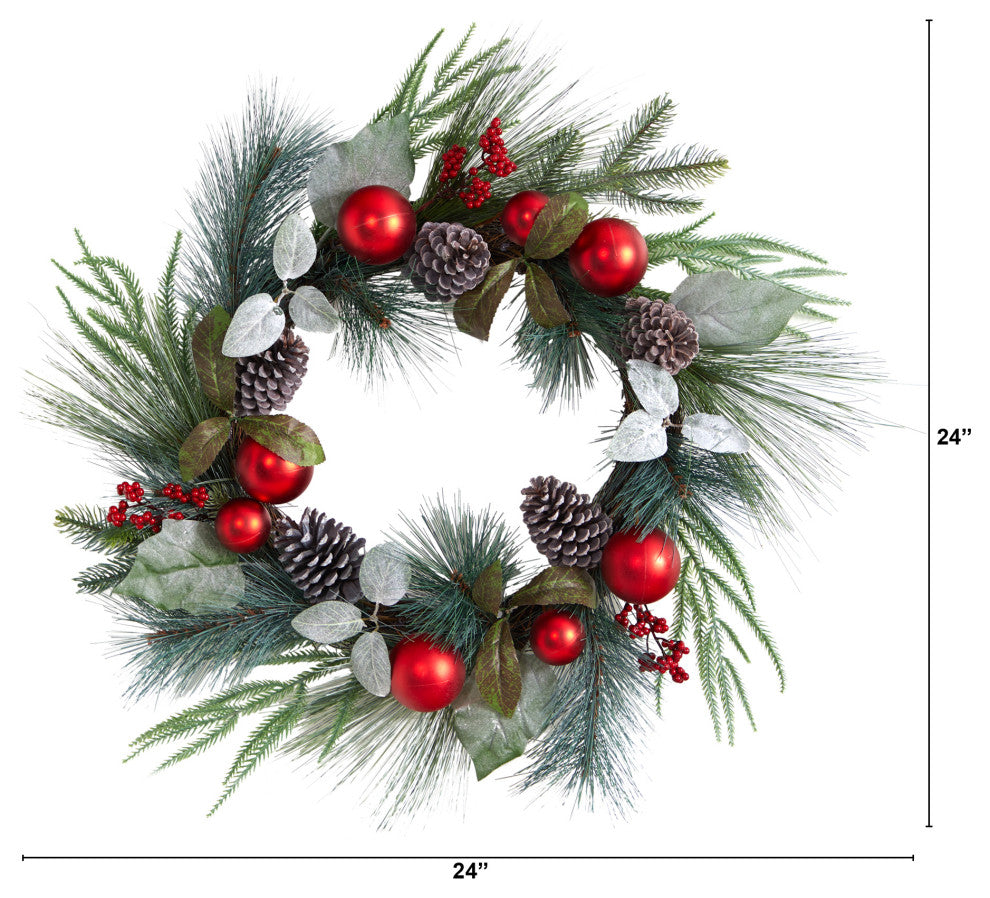 24" Assorted Pinecones & Berry Artificial Christmas Wreath With Red Ornaments