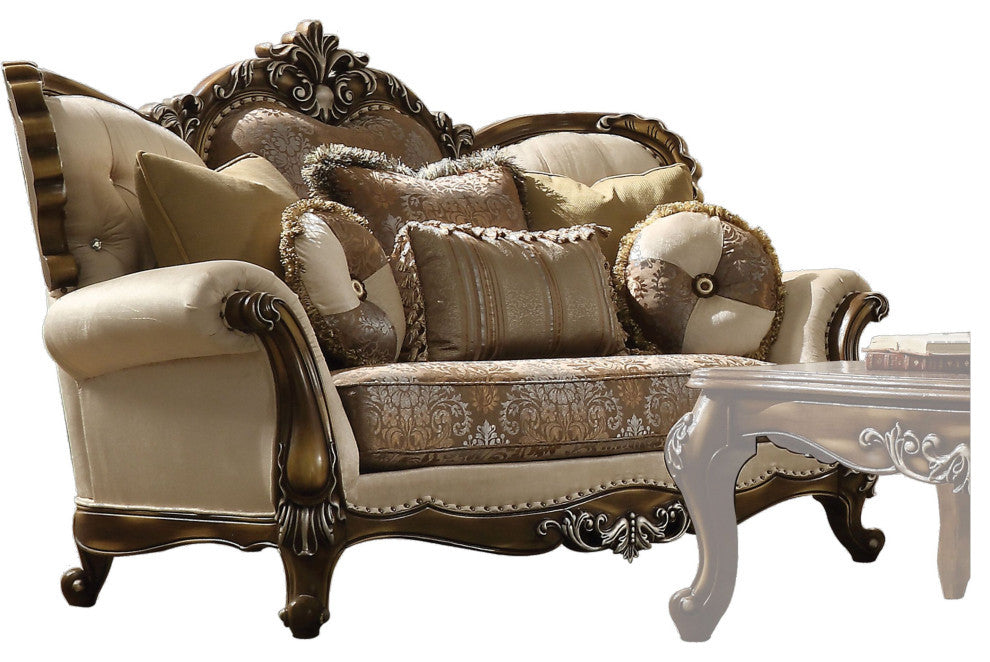 Latisha Loveseat With5 Pillows, Tan, Pattern Fabric and Antique Oak