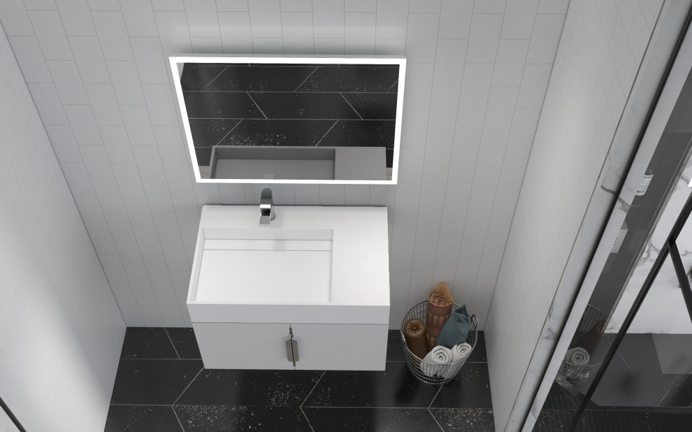 CastelloUSA Amazon 30" Left Wall Mounted Bathroom Vanity Set, White, White Top, Brushed Nickel