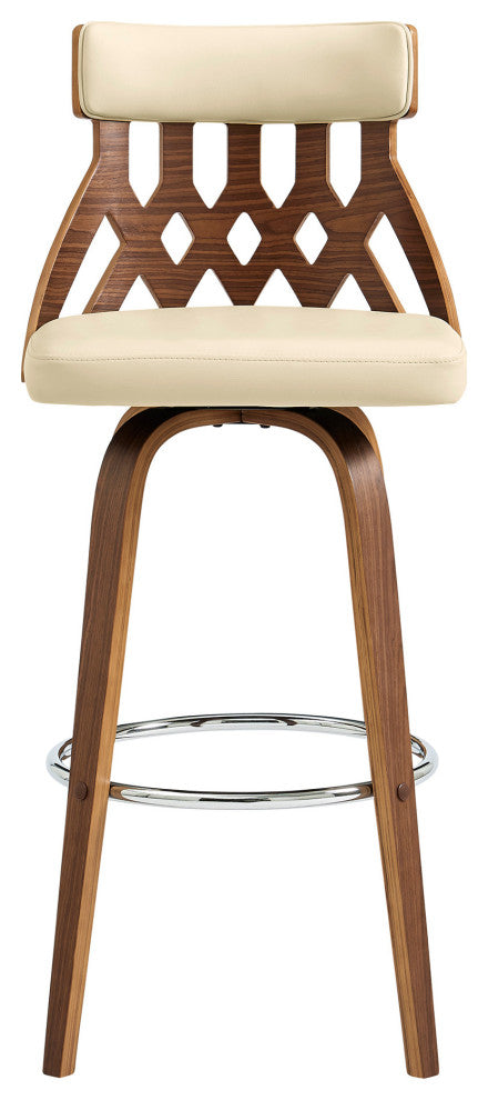 26" Cream Faux Leather Curved Back Walnut Wood Swivel Bar Stool