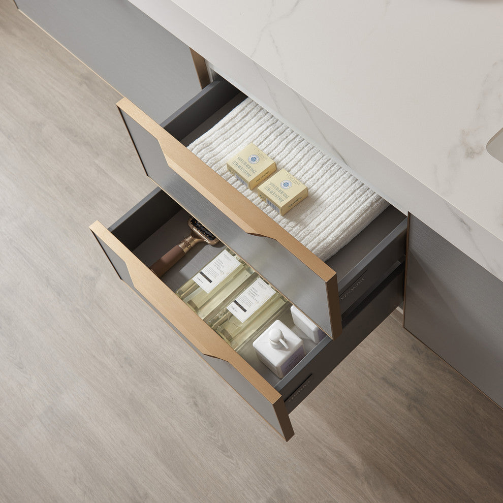 Alicante Vanity With Stone Countertop, Elegant Grey, 84", No Mirror