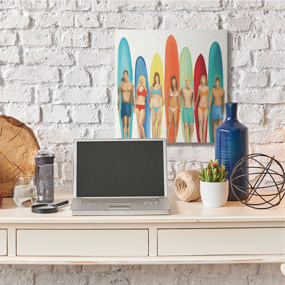 Surf and Boards Figures Beach Painting, 30"x30", Canvas Art