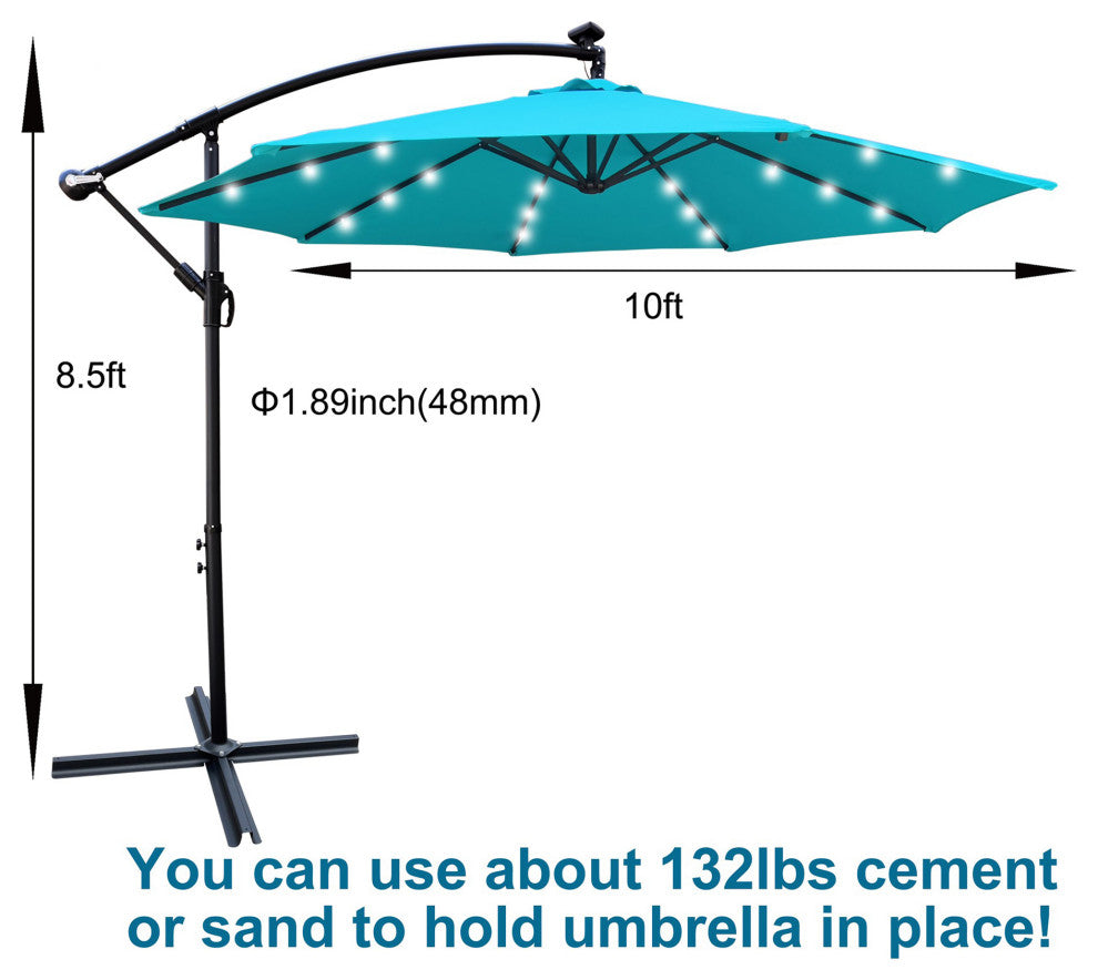10' Steel Patio Umbrella Outdoor Market With Crank and LED Lights, Light Blue