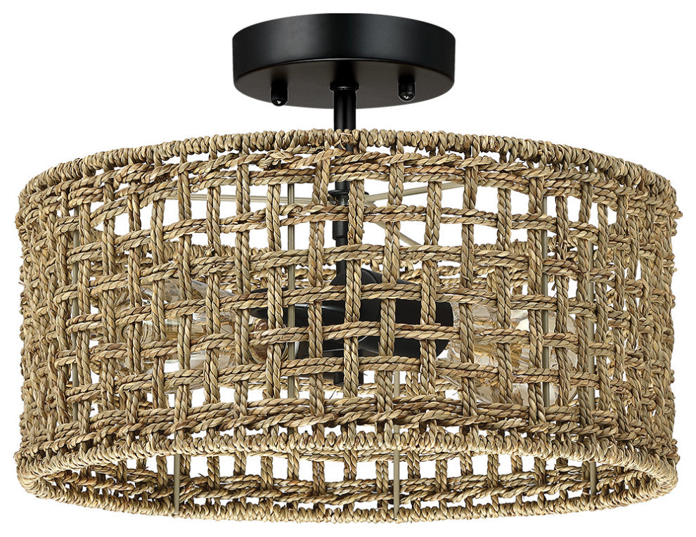 14" W 2-Light Rattan Drum Semi-Flush Mount Ceiling Light