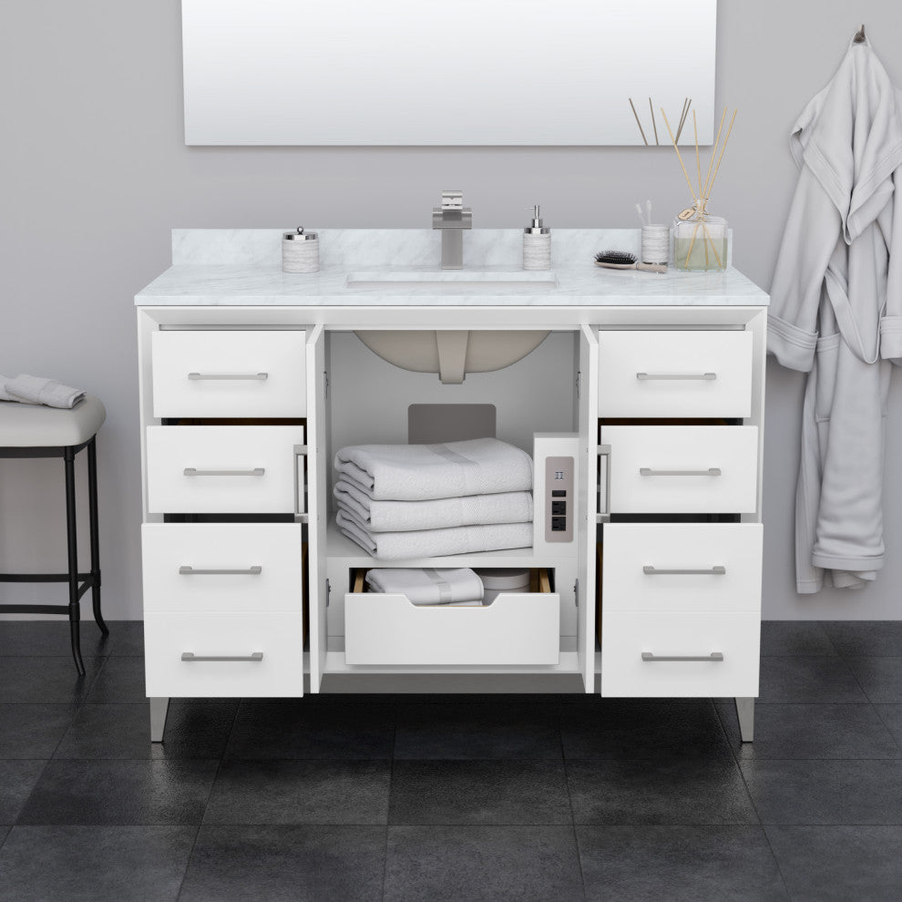 Amici 48" White Single Vanity, White Cultured Marble Top, Matte Black Trim