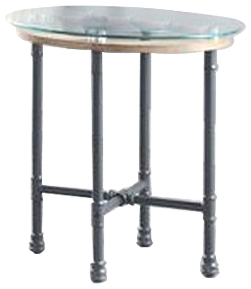 Benzara BM251158 End Table With Round Glass Top and Metal Pipe Style Legs, Gray