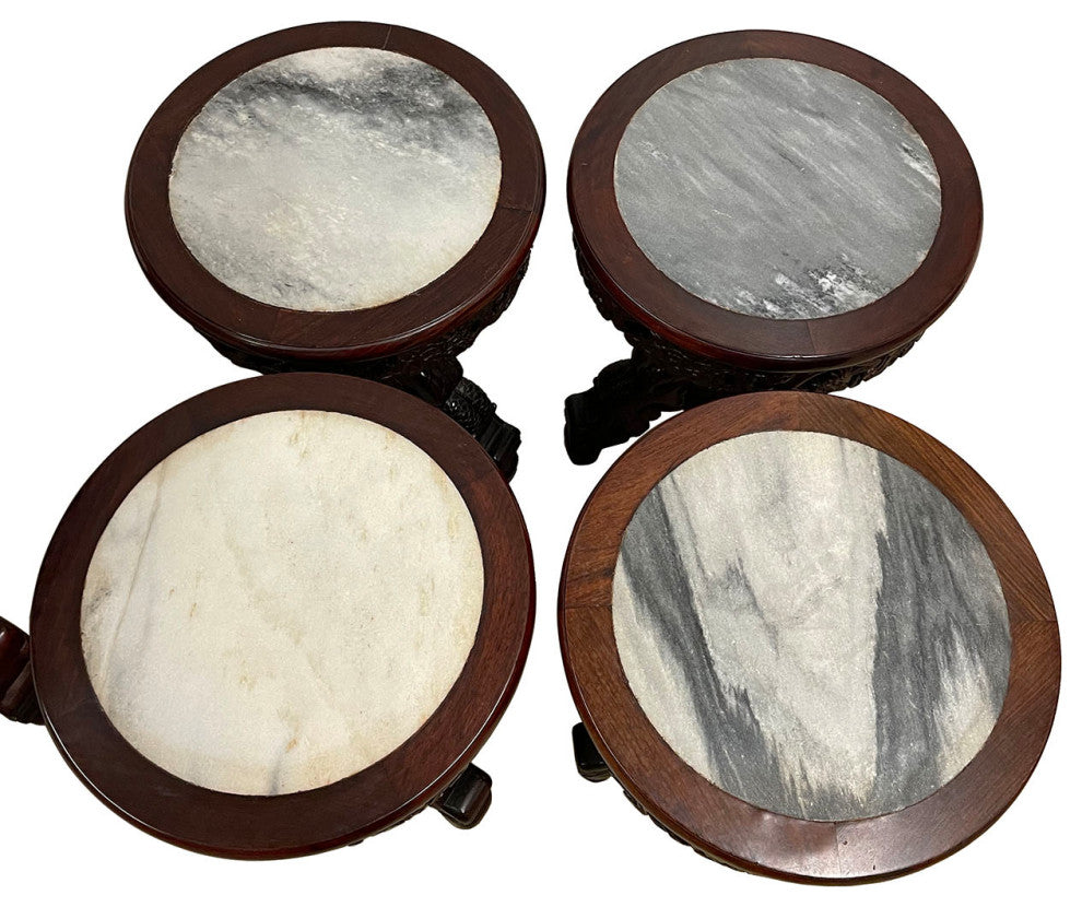 Consigned 20 Century Chinese Marble Top Hardwood Carved Round Dinning Table set