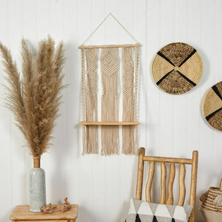 2.5' x 1.5' Layered Macrame Wall Hanging With Wooden Shelf