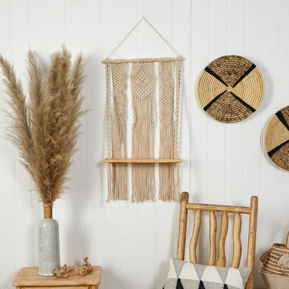 2.5' x 1.5' Layered Macrame Wall Hanging With Wooden Shelf