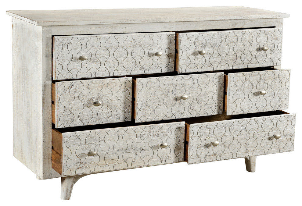 Gridley Hand-Carved 7-Drawer Nightstand on Mango Solid Wood, White