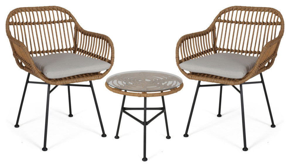 Lesley Faux Wicker 2 Seater Chat Set with Tempered Glass Table, Brown